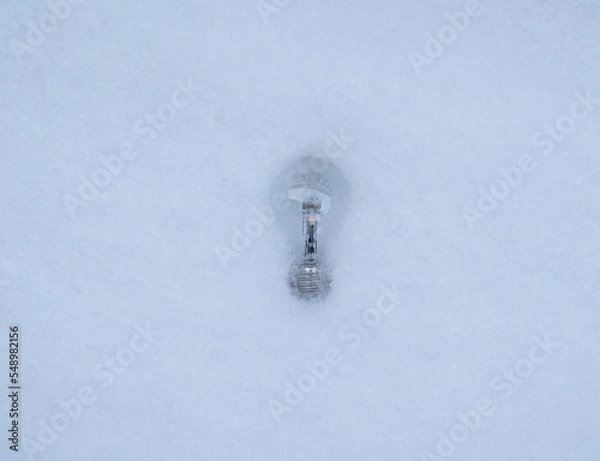 Fototapeta Light bulb laying in the white snow while turned of.