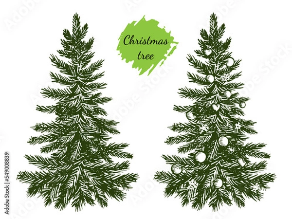 Fototapeta Vector illustration of a Christmas tree decorated with toys on a white background. Vintage hand drawing.