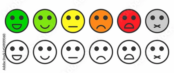 Fototapeta Customer rating satisfaction. Feedback concept, black and colorful emotion icons and emojis. Excellent, good, normal, bad, awful, silent. Vector