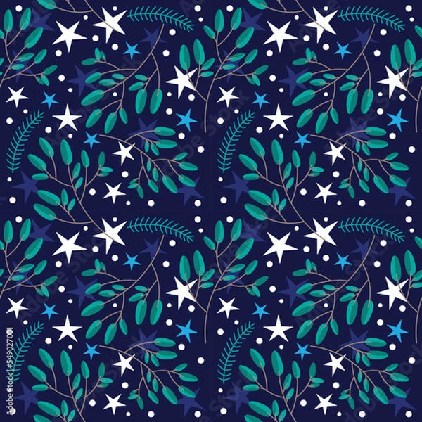 Obraz Winter Seamless Vector Floral Pattern with Green Branches, Leaves and Stars on a dark Blue Background.