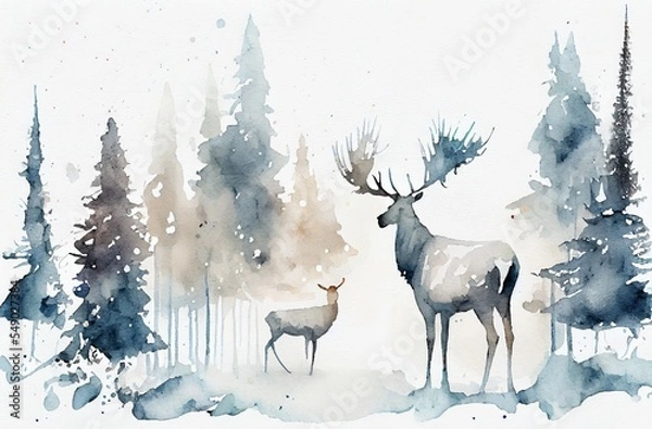 Obraz A reindeer in a fir forest