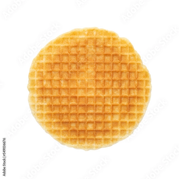 Fototapeta Round waffle isolated on white background. Crispy shortcrust pastry waffle, top view.