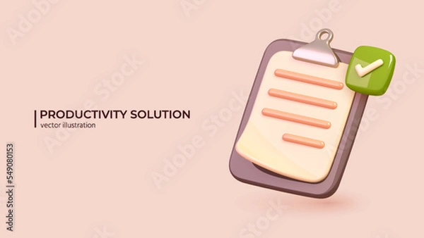 Fototapeta 3D White Clipboard - Productivity Solution Concept. Realistic 3d design of icon todo check list on document. efficient work on project plan 3d. Concept in Trendy colors. 3D Vector illustration.