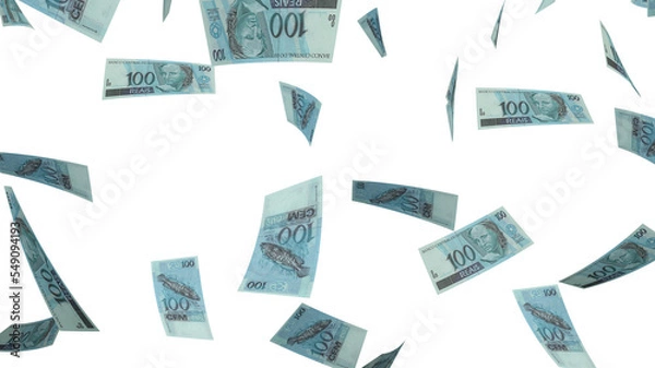 Fototapeta Several banknotes of money flying  on a black background. 100 reais. Money from Brazil. 3d rendering.