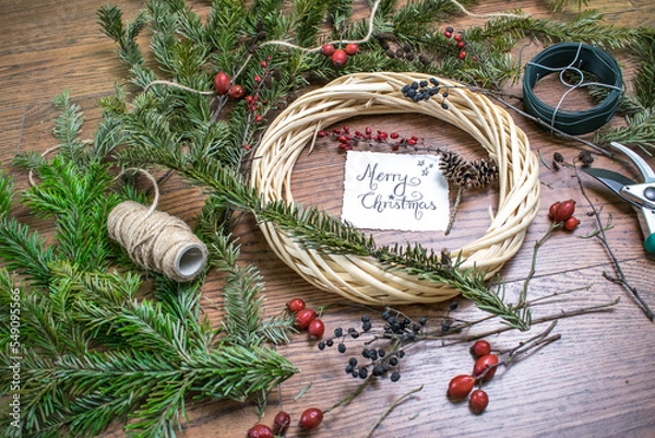 Obraz Christmas wreath with calligraphy postcard