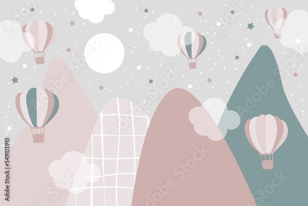 Obraz Vector hand drawn childish wallpaper with mountains, balloons and clouds. Modern 3D wallpaper for the children's room. Doodle style.	