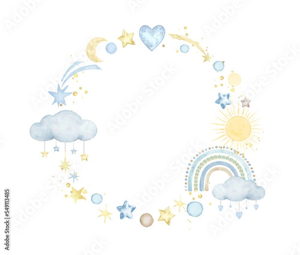 Obraz Watercolor frame with rainbow, clouds,stars,moon,sun..Watercolor hand painted illustrations isolated on white background .