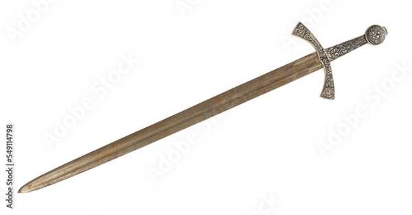 Fototapeta Old sword medieval weapon blade knight equipment with ornate handle isolated on white background