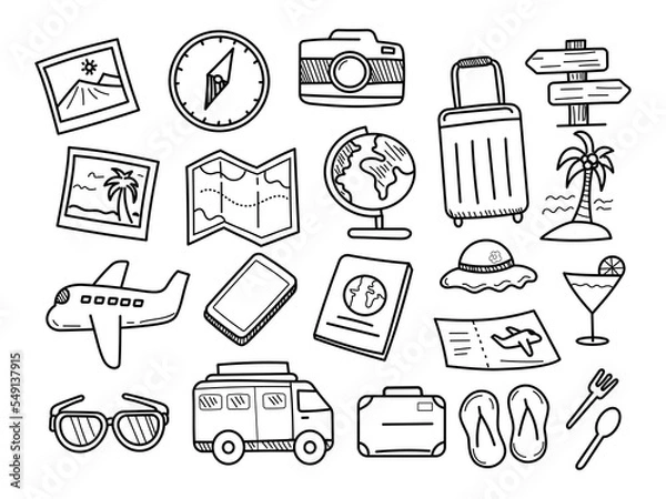 Fototapeta Set of trip and travel doodles with cute hand-drawn style isolated on white background