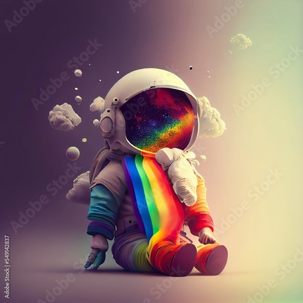 Fototapeta little astronaut with abstract rainbow, a person in a garment, illustration with flash photography