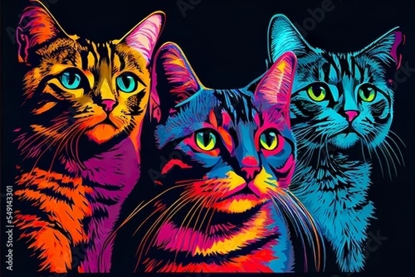 Fototapeta Close Up Pop Art Portrai, grupa kotów, ilustracja z kręgiem kota