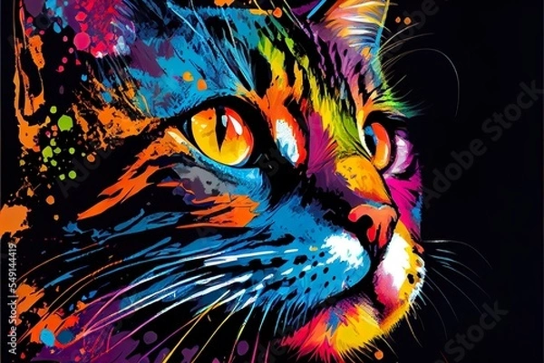 Fototapeta colorful cat pop art portrai, a colorful fish with black background, illustration with eye felidae