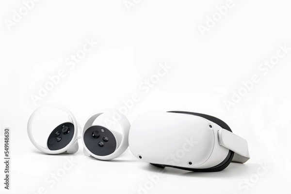 Fototapeta White new Oculus Quest 2 virtual reality headset on white background with optional Elite headstrap attached