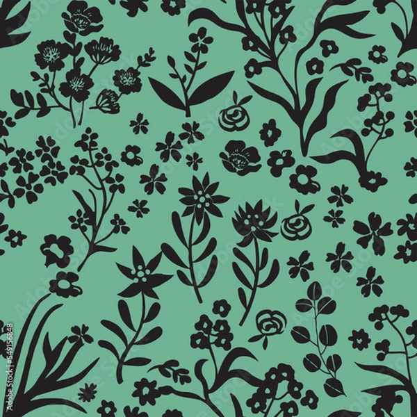 Fototapeta Simple, trendy, monochrome, floral, seamless ditsy conversational pattern with tonal, small, tiny, random, doodle flowers, stems and petals for tshirt, textile, fabric, clothing, kids, women, girls