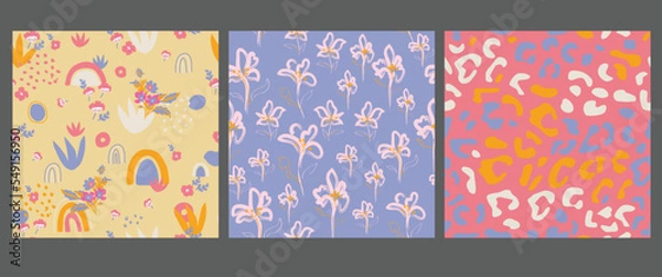 Fototapeta Set of simple floral seamless patterns. Colorful small and large, ditsy, daisy flowers collection. Sketch flat drawing. Botanical collage in modern trendy style. Summer meadow flowers bundle. 