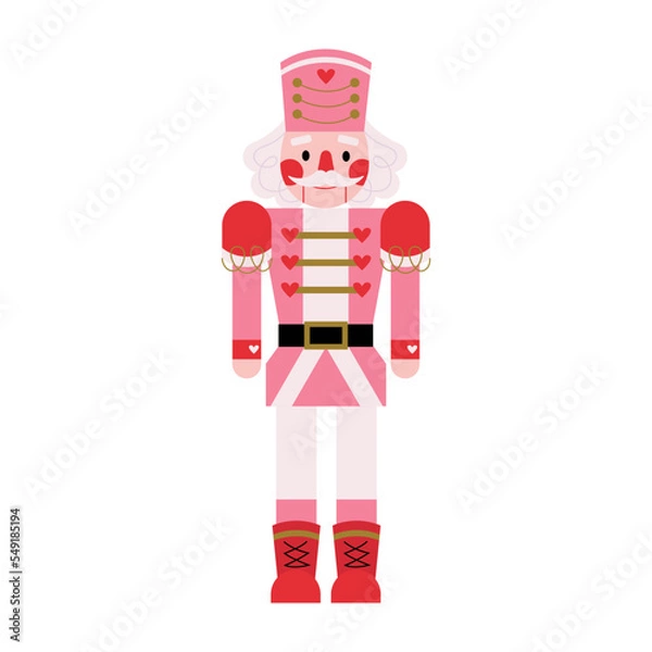 Fototapeta Christmas character Nutcracker in pink costume with red hearts. Winter tale ballet Nutcracker story. Antique traditional figurine doll. Holiday character romantic boy in seasonal clothes. Flat vector.