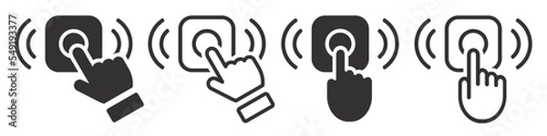 Fototapeta Set of doorbell icons. Pressing the doorbell hand. Ring the doorbell, delivery symbol, finger pressing doorbell. Vector illustration.