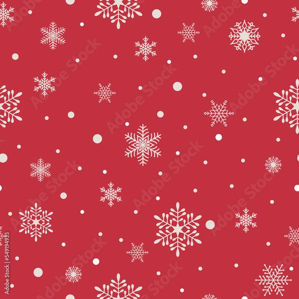 Fototapeta Christmas seamless pattern with snowflakes on a red background. Vector illustration