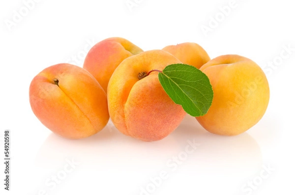 Fototapeta Ripe Apricots with Leaf Isolated on White Background