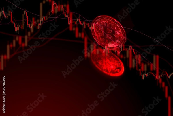Fototapeta Bitcoin price crash with a red candlestick chart background