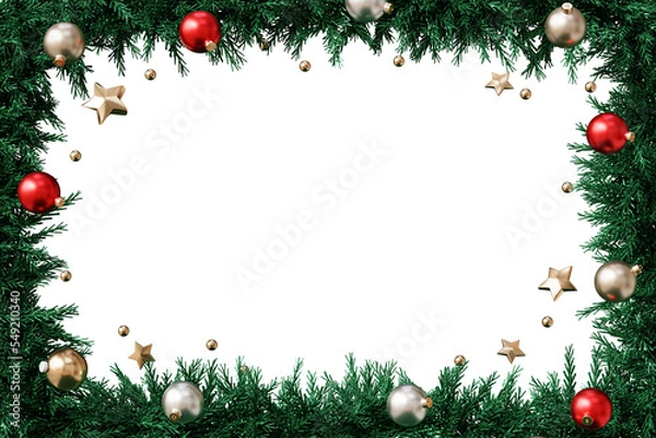 Fototapeta Baubles and Christmas wreath frame, holidays card, 3d render.