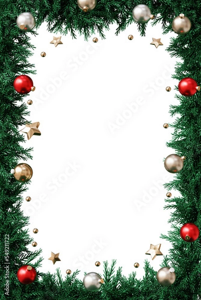 Fototapeta Baubles and Christmas wreath frame, holidays card, 3d render.