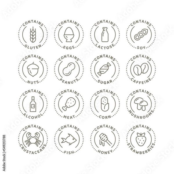 Fototapeta Food ingredients and allergen vector icon set. Contains gluten, lactose and alcohol badge label set.