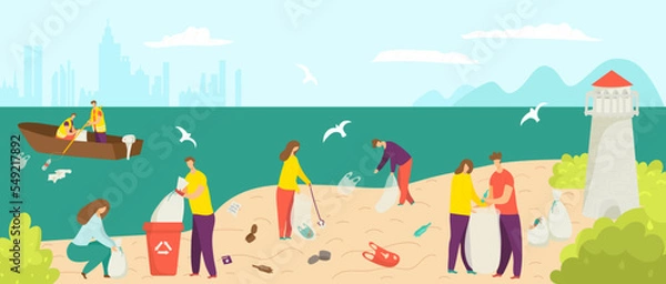 Fototapeta Garbage waste at beach, clean environment at shore vector illustration. Cartoon people pick up trash pollution at ocean shore.