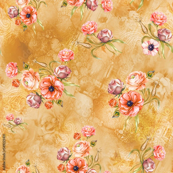 Fototapeta Digital Flower Pattern - Textile Pattern Design , Watercolor Background, Watercolor illustration. Textile Digital Pattern, Digital Design