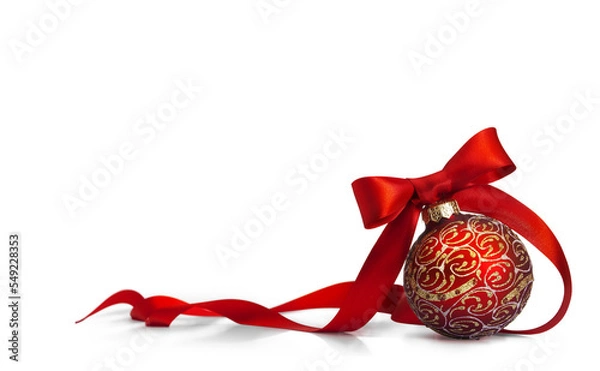 Fototapeta Art Red Christmas Ball z pięknym łukiem i złotym wzorem. Świąteczny element projektowania na białym tle. Przezroczyste tło