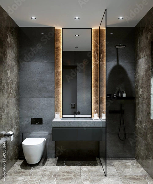 Fototapeta 3D rendering of a modern bathroom in black and white. Loft