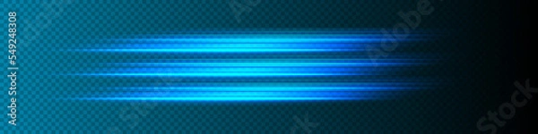 Fototapeta Straight fast light. Vector blue glowing lines air flow effect. Acceleration speed motion. Horizontal rays of light. Isolated on transparent background.