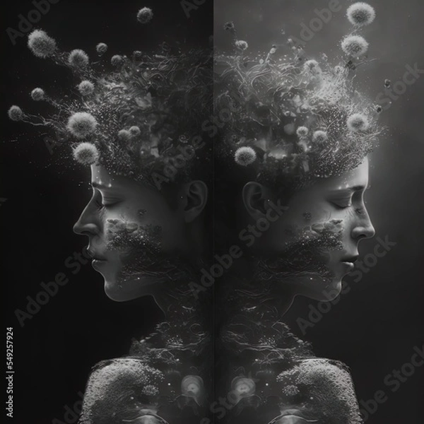 Obraz Double exposure surreal image of woman representing stress. Great for ads, book covers, posters and more. AI Generated Illustration.