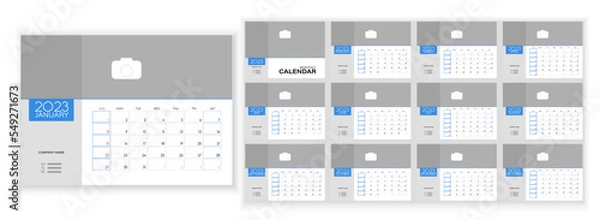 Fototapeta Desktop Monthly Photo Calendar 2023. Simple monthly vertical photo calendar Layout for 2023 year in English. Cover Calendar, 12 monthes templates. Week starts from Sunday. Vector illustration