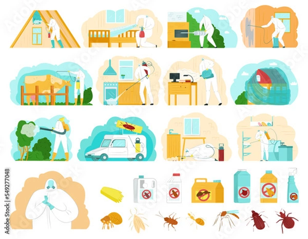 Fototapeta Pest control set, vector illustration. System measures to combat insects, ticks, rodents. Disinfection houses and apartments cartoon service.