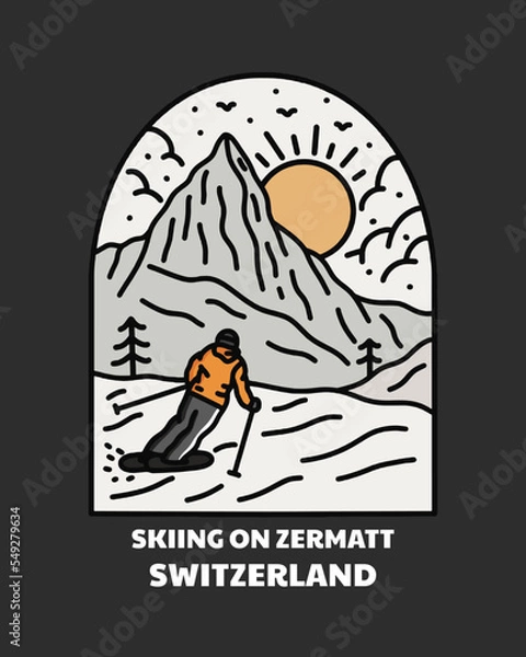 Fototapeta Enjoy ski in Zermatt Matterhorn Switzerland in mono line vector for badge, t-shirt, emblem design