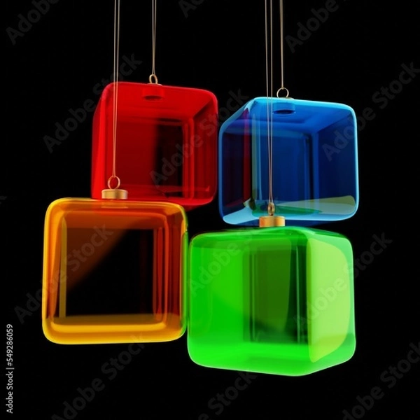 Fototapeta New Year's toys of square shape. Glass Christmas balls. Red, blue, yellow, green. Black background for the alpha channel. A template for a designer. 3D rendering.