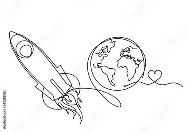 Fototapeta Abstract color rocket with heart as continuous line drawing on white background