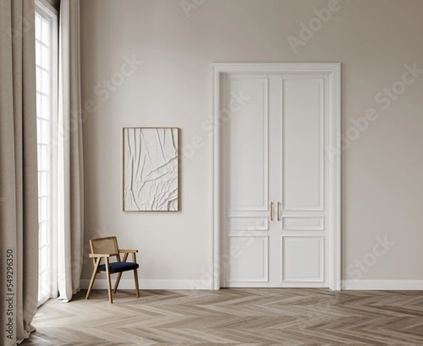 Fototapeta Empty classic interior, space with a large window, white classic door, wooden chair and bas-relief art on the wall, parquet on the floor. 3D rendering illustration mockup.