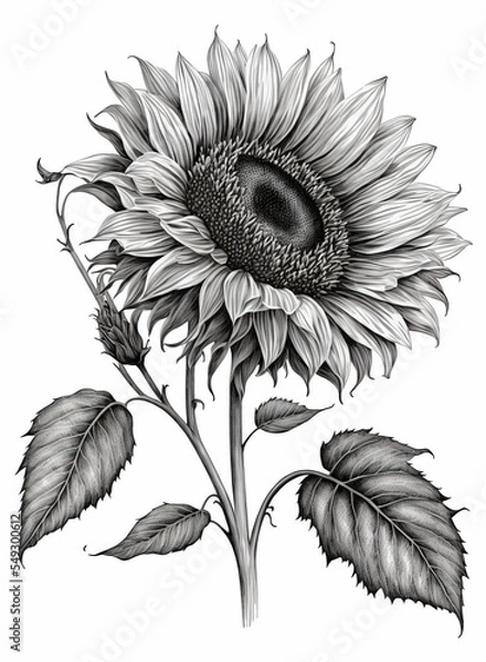 Fototapeta A sunflower drawing with leaves on its stem and a large sunflower in the top center, a digital illustration