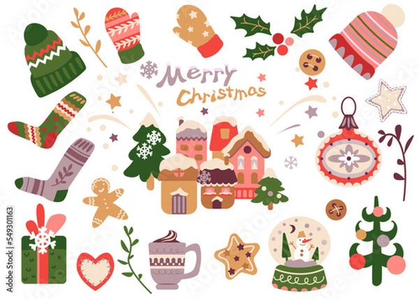 Fototapeta Set of colorful Christmas  items: houses, Christmas decorations,a glass ball,ginger cookies, Christmas trees, a gift, winter clothes.Vector illustration