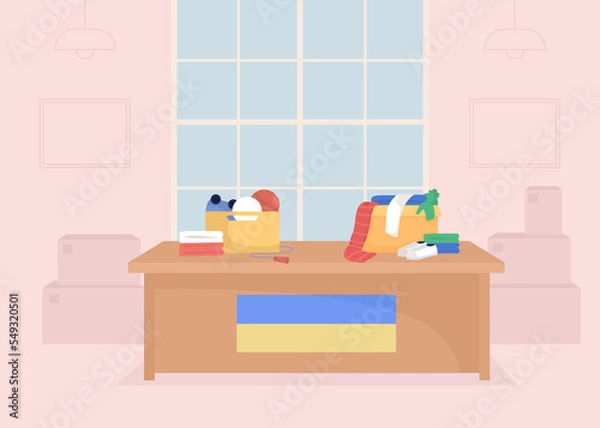 Fototapeta Collecting essential clothing for ukrainian refugees flat color raster illustration. Boxes of items. Humanitarian aid center 2D simple cartoon interior with large window on background