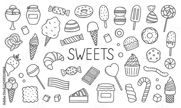 Fototapeta Sweets and candies doodle set. desserts in sketch style. Hand drawn vector illustration isolated on white background