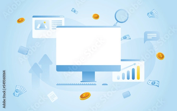 Fototapeta Financial management concept and investment, Flat design of payment and finance with money, cash, banknote, calculator and credit card. Vector Illustration and banner template.