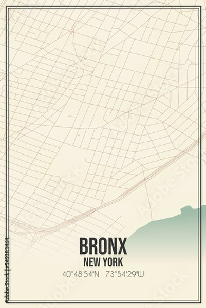 Fototapeta Retro US city map of Bronx, New York. Vintage street map.