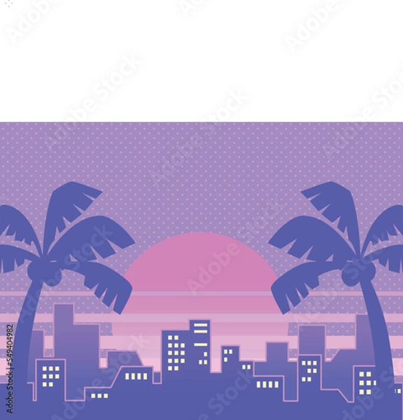 Fototapeta 80年代ニューレトロシティポップ風ヤシの木とビルのネオン夜の街並み6

