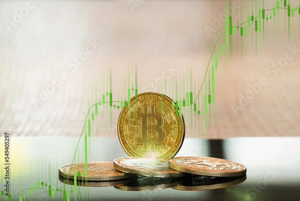 Fototapeta Rising value of bitcoin, increasing price and green candles rising.
