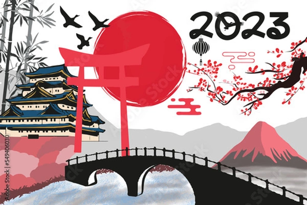 Fototapeta 2023 Calendar year vector illustration. Annual calendar 2023 template. Calendar design more colors, every month using japanese style.