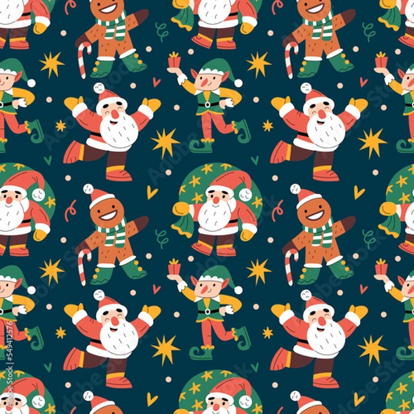 Fototapeta Seamless pattern with various Christmas characters, Santa Claus, elf, gingerbread man