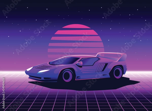 Fototapeta Retro 80s sci-fi futuristic style background with supercar. Vector retro futuristic synth wave illustration in 1980s posters style. Retro Nostalgic vaporwave cyberpunk artwork with vibrant neon colors